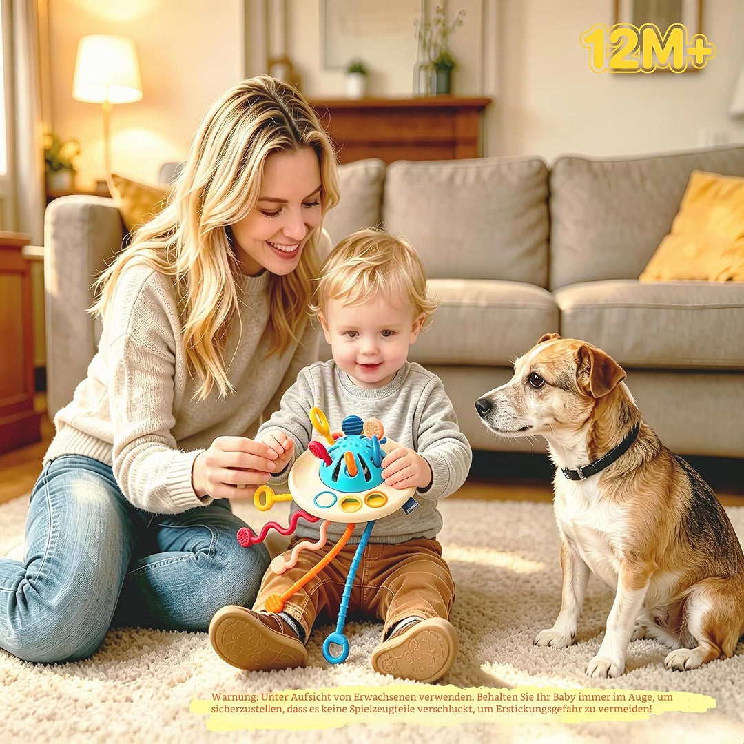 Montessori Baby Spielzeug ab 12 Monaten, 5-in-1 Sensorik Set mit Ziehspielzeug, Stapelringen &amp; Rasse