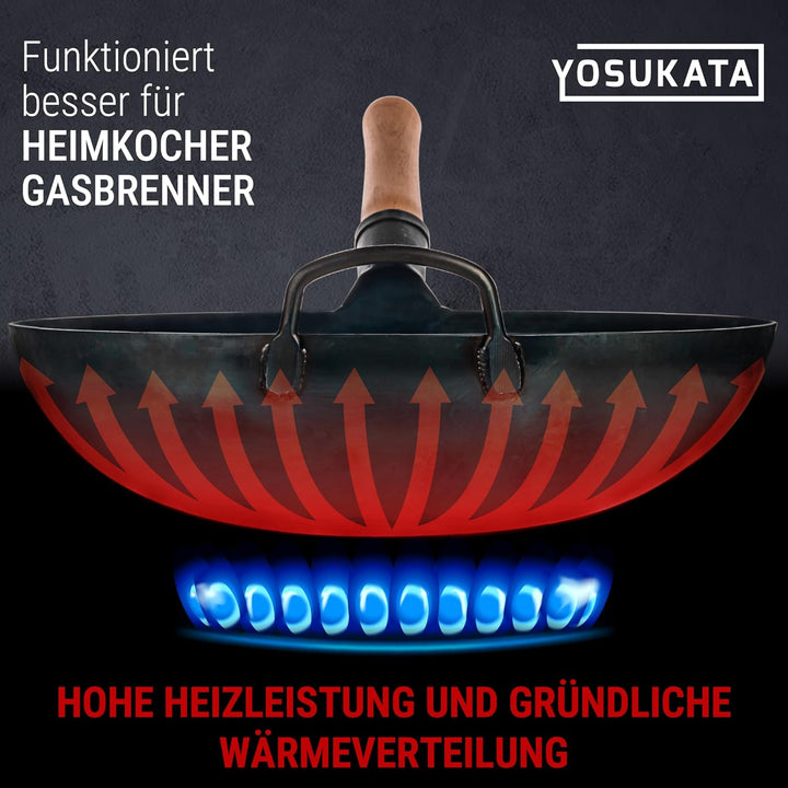 YOSUKATA Karbonstahl Woks & Wokpfannen (36 cm) -Voreingebrannter Wok Pfanne Carbonstahl Runder Boden