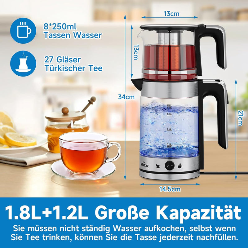 HOMELUX Glas Wasserkocher 1.8L + 1.2L Teekannen 1800W Wasserkocher mit Heizfunktion und Teetrichter,