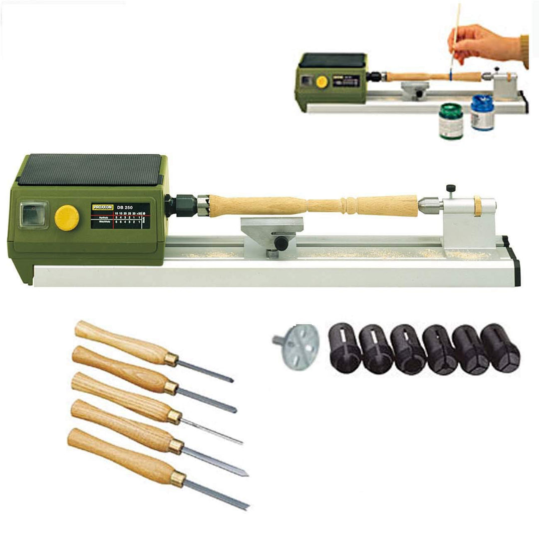 PROXXON MICRO Drechselbank/Drechselmaschine DB 250 – inklusive 5-tlg. HSS-Drechselmeisselsatz, 6 Spa