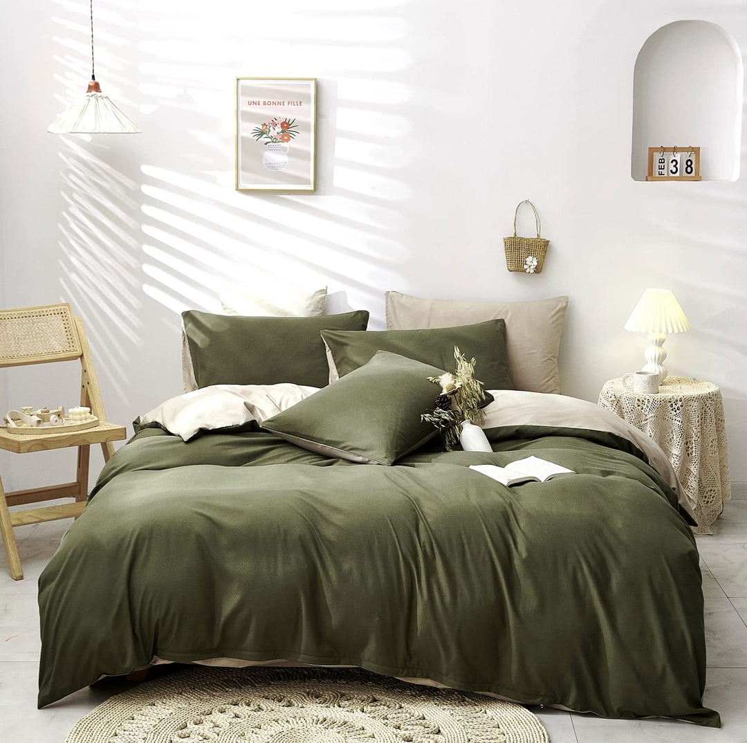 Damier Bettwäsche Grün 220×240cm Olivgrün Beige Unifarben Bettbezug Set 3 Teilig Superweiches Microf