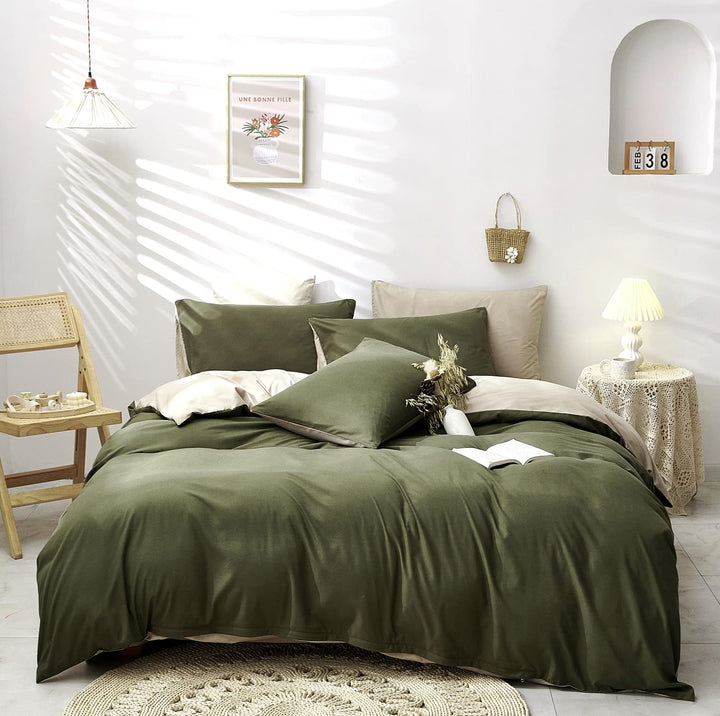 Damier Bettwäsche Grün 220×240cm Olivgrün Beige Unifarben Bettbezug Set 3 Teilig Superweiches Microf