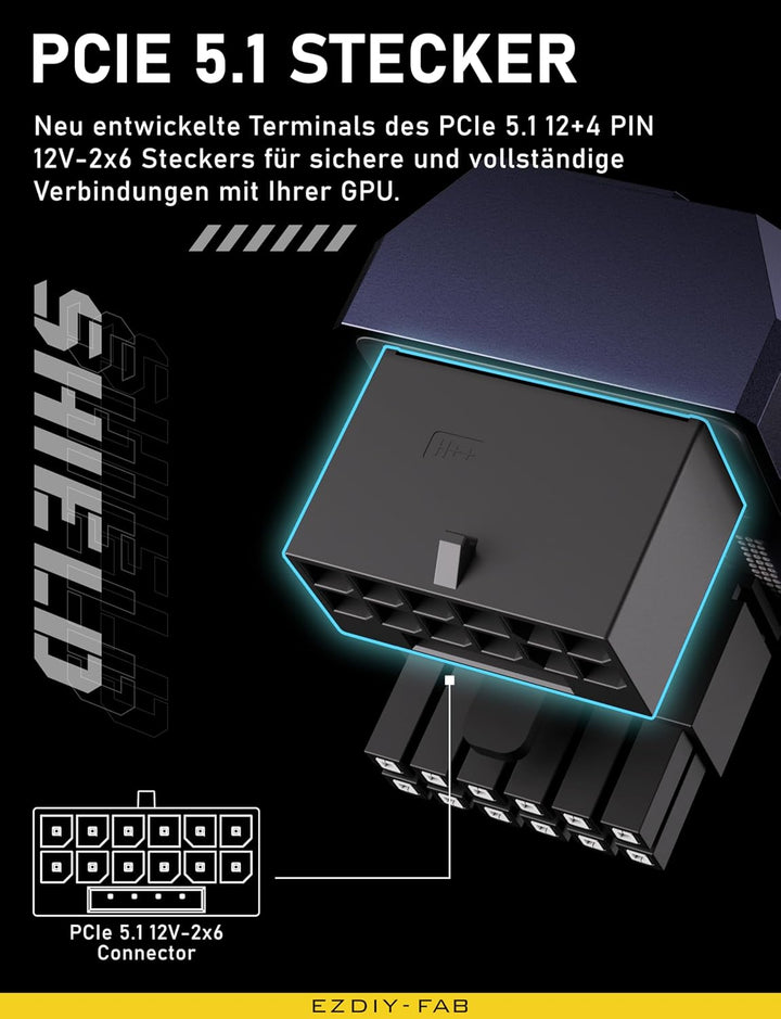 EZDIY-FAB PCIe 5.1 Adapter-600W 12+4pin,16pin 12VHPWR GPU Stecker,12V-2x6 GPU Adapter,Rechter 180 Gr
