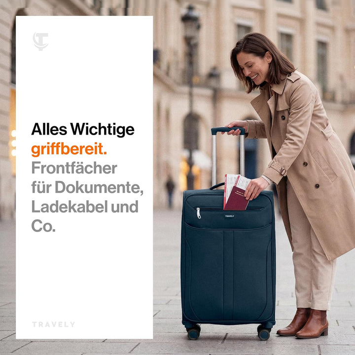 Travely Stoffkoffer L - Koffer mittelgross mit 4 Rollen und TSA Zahlenschloss - weichter Weichschale