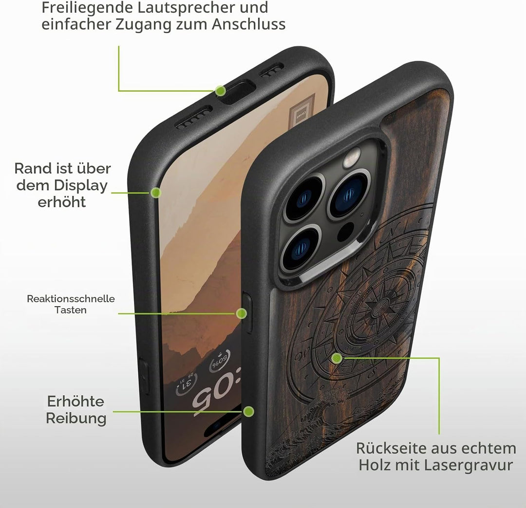 Carveit Holz Cover für iPhone 15 Pro Max Handyhulle kompatibel mit MagSafe Massivholz für Apple 15 p