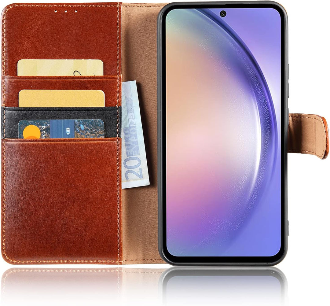LENSUN Echtleder Hülle für Samsung Galaxy A54, Handyhülle [Echtes Leder][Kartenfach][RFID Schutz][St