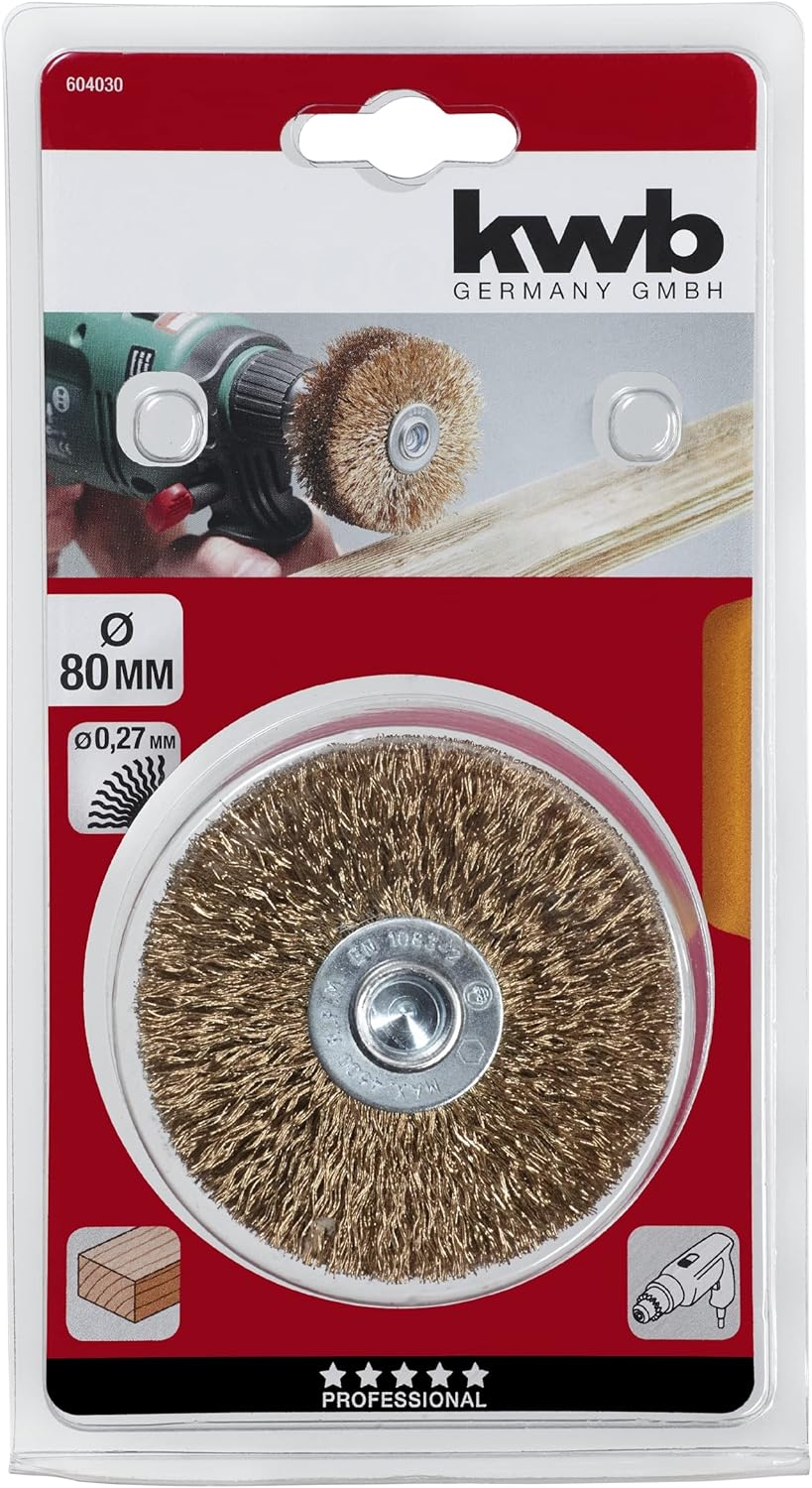 kwb Holzstruktur-Bürste, Messing-Beschichtet, fein, gewellt, HSS-Stahldraht, Ø 80 mm für Metall und