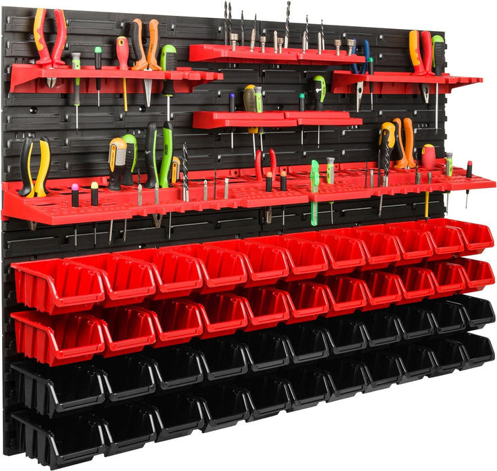 Lagersystem Werkstattregal | 115 x 78 cm | 56 stck. Box | Wandregal mit Werkzeughalterungen und Stap