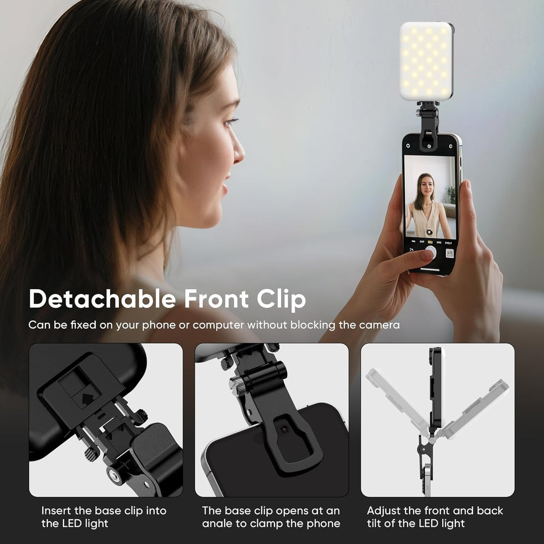 Selfie Licht 5W, BDDFOTO Handy Licht mit Akku 2500mAh, tragbares Clip-On-Licht 10-100% dimmbar CRI≥9
