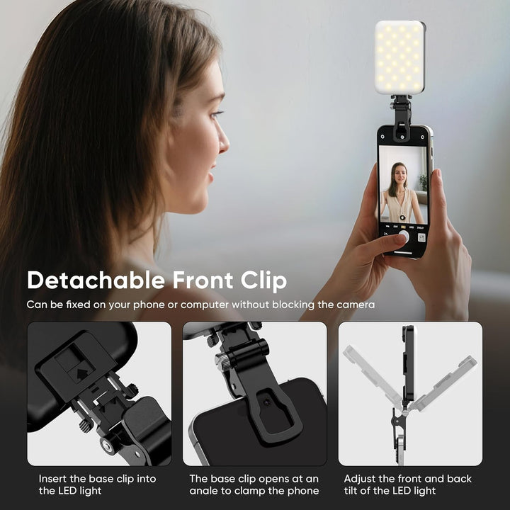 Selfie Licht 5W, BDDFOTO Handy Licht mit Akku 2500mAh, tragbares Clip-On-Licht 10-100% dimmbar CRI≥9