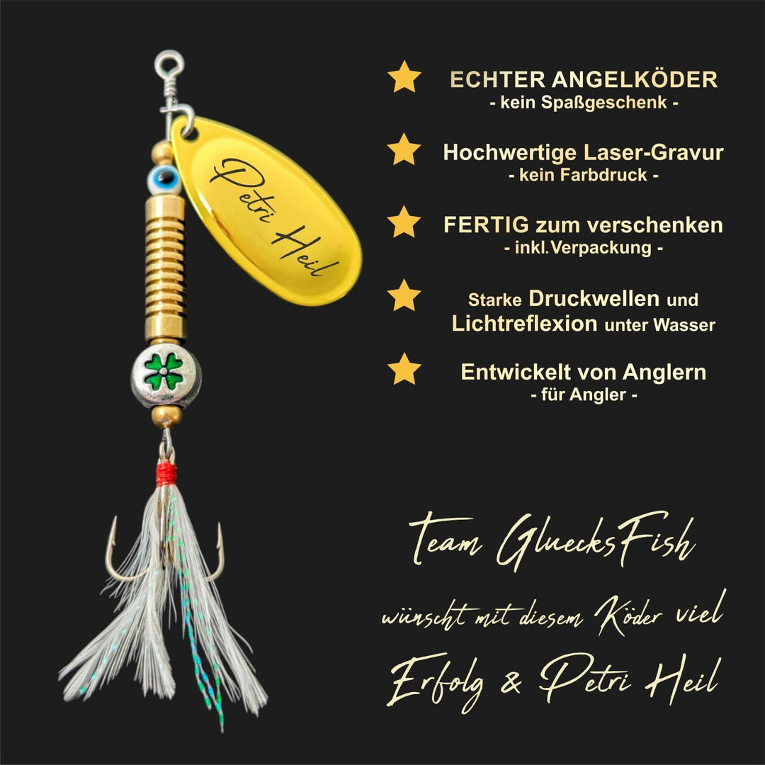Gluecksfish Anglergeschenk mit Gravur - Männer - Frauen - Angelköder - Angelhaken - Spinner - Glücks
