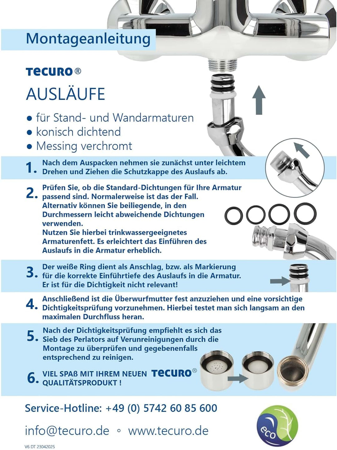 tecuro S-Auslauf für Wand-Armaturen 3/4 Zoll konisch dichtend, Länge 300 mm, Messing verchromt