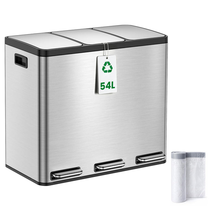 YEAUPE PRO Mülleimer Küche 3 x18L Edelstahl, 3 Fach Treteimer 54L Mülltrennungssystem, Abfalleimer m