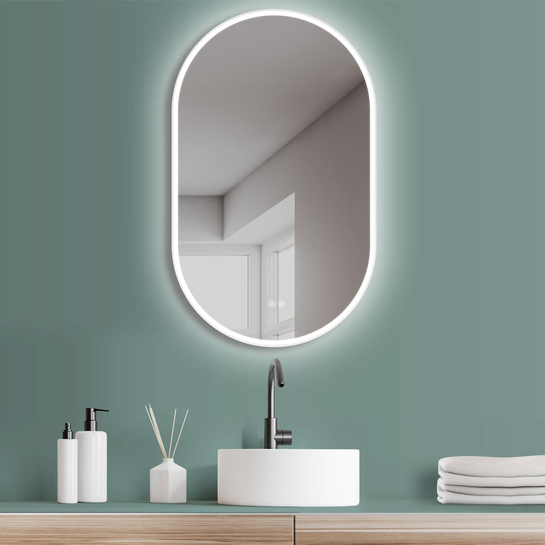 HOKO Antibeschlag LED ovaler Spiegel 45x75 cm / 75x45 cm Tokio mit Metall Rahmen Weiss, HOCH+QUER Mo