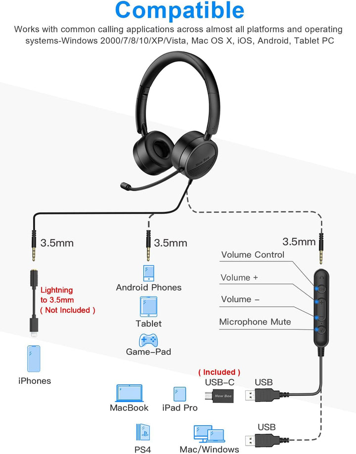 New Bee PC Headset mit Mikrofon USB/3,5mm Geräuschunterdrückendes Mikrofon Komfortabler, Leichter Bu