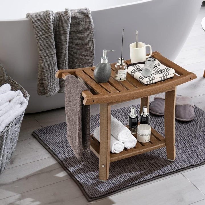 GOPLUS Duschbank mit Ablage, Duschhocker für Beinrasur und Sauna, Duschsitz für Senioren und Erwachs