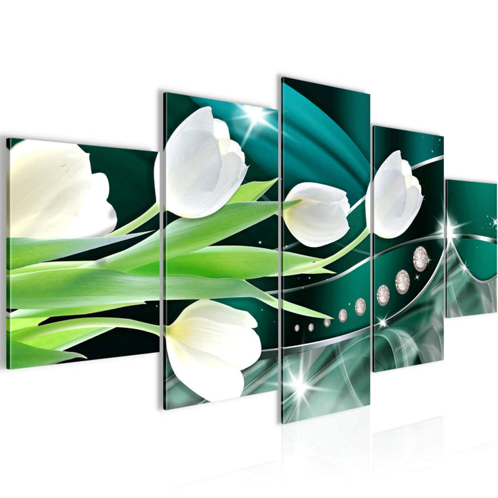 Runa Art Wandbilder Blumen Tulpen 5 Teilig Bild auf Vlies Leinwand Deko Wohnzimmer Diamant Grün Grau