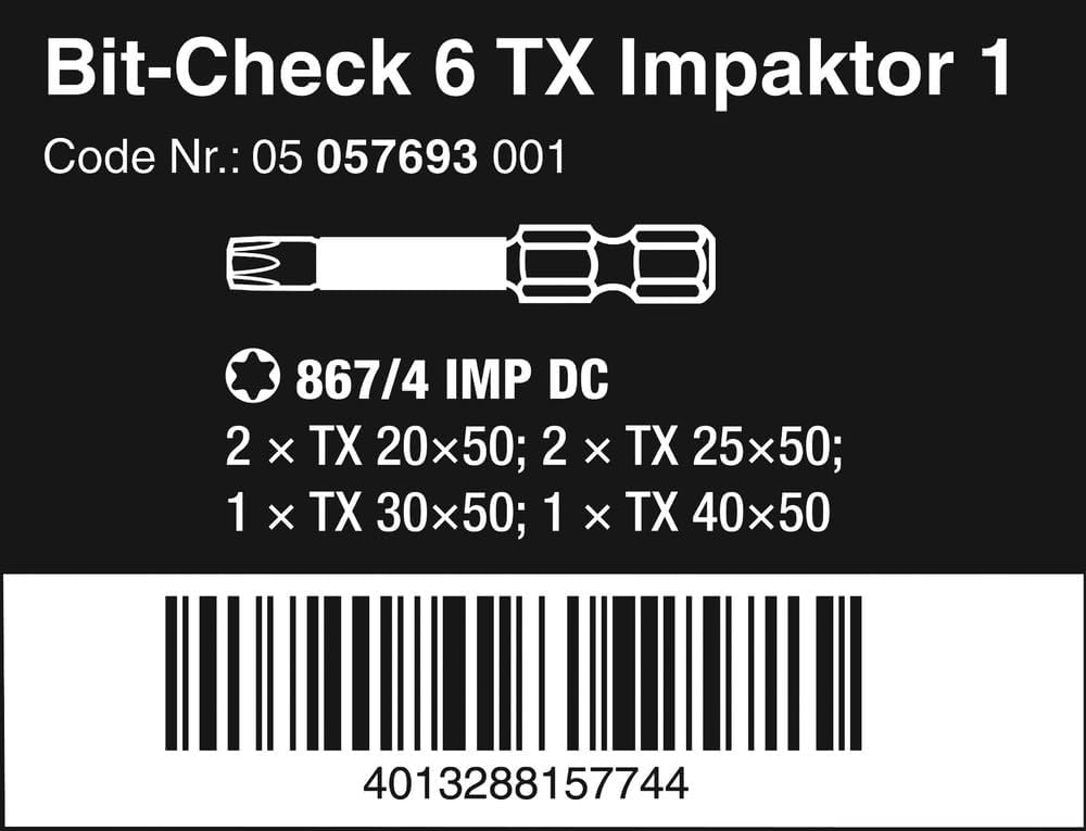 Wera Bit-Sortiment, Bit-Check 6 TX Impaktor 1, 6-teilig, 05057693001 Bit-Check 6 TX Impaktor 1 Singl