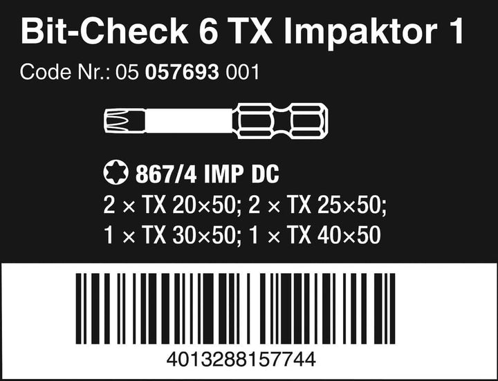 Wera Bit-Sortiment, Bit-Check 6 TX Impaktor 1, 6-teilig, 05057693001 Bit-Check 6 TX Impaktor 1 Singl
