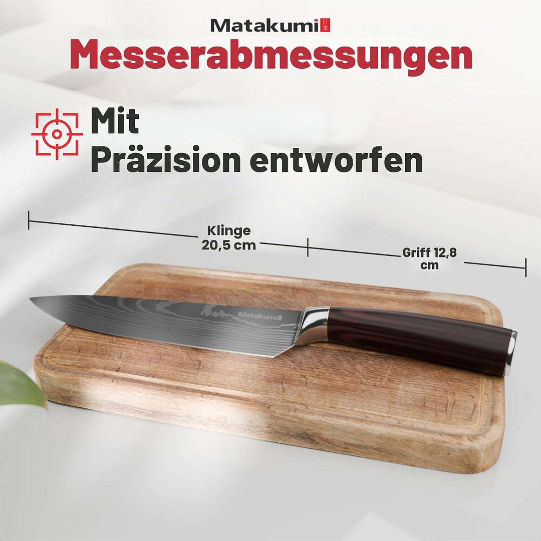 Matakumi Kochmesser mit 20 cm Klingenlänge, Extra Scharfe Chefmesser mit Ergonomischem Pakkaholz-Gri