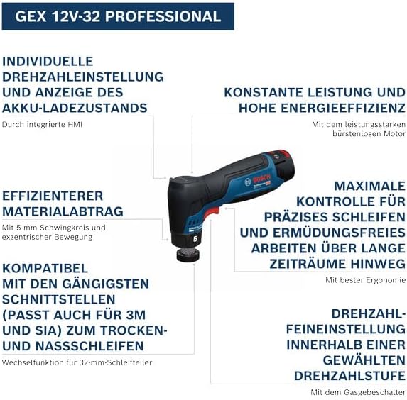 Bosch Professional 12V System Akku-Exzenterschleifer GEX 12V-32 (inkl. montiertem 32 mm Klett-Schlei