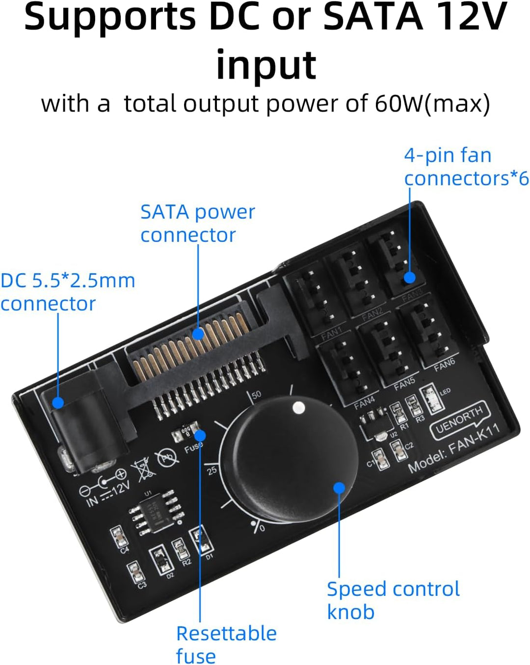 RIIEYOCA 12V 4-Pin PWM PC-Lüftersteuerung, PC-Lüfter-Adapter-Hub mit 6-fach 4-Pin Anschlüssen, Lüfte