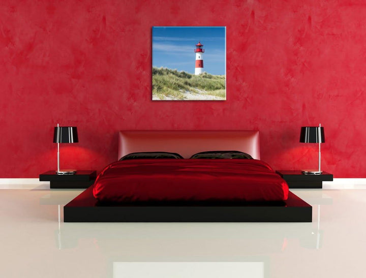 Leuchtturm hinter Dünen, Format: 70x70 auf Leinwand, XXL riesige Bilder fertig gerahmt mit Keilrahme