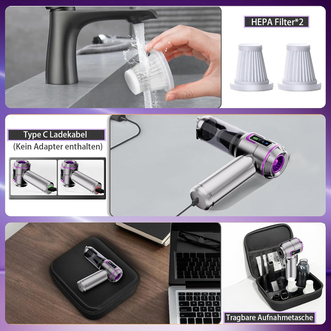 Handstaubsauger Akku, Autostaubsauger Kabellos 27000Pa Mini Staubsauger, Aufladbar Tragbar Leicht Au