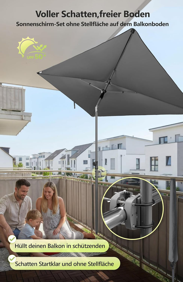 4smile Sonnenschirm Balkon im Set – Sonnenschirm rechteckig 210×140 cm, UV 50+ Sonnenschutz Balkon,