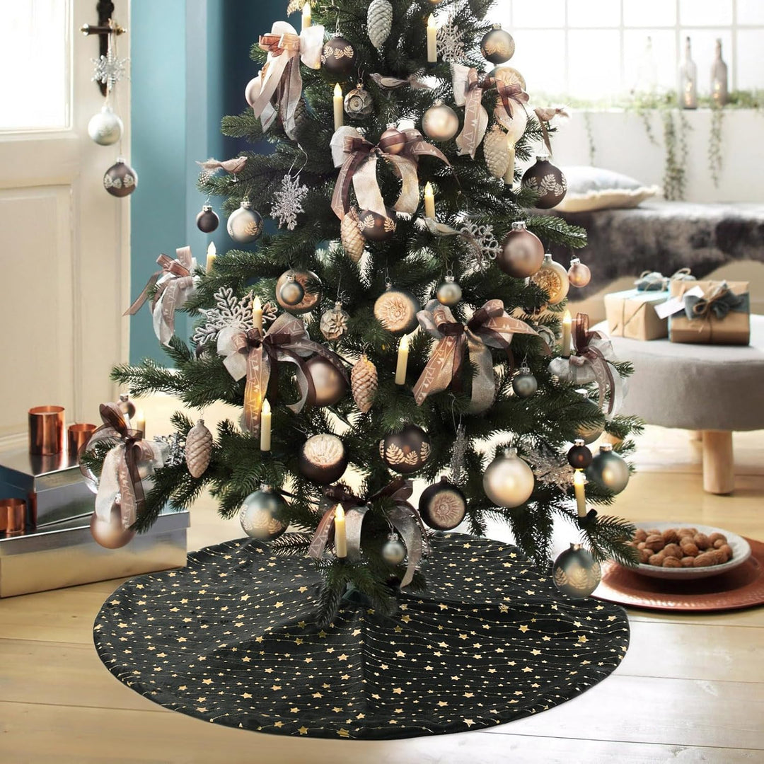 KONVINIT Weihnachtsbaumdecke Rund Schwarz Plüsch Christmasbaumdecke mit Sternen Weihnachtsbaum Rock