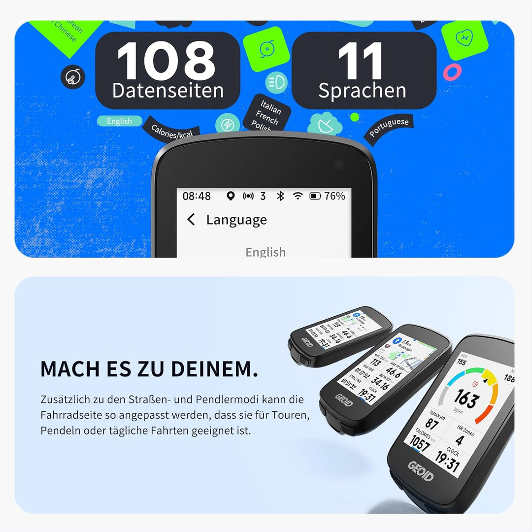 GEOID CC700 Pro GPS Fahrradcomputer mit 2,8 Zoll Touchscreen Farbbildschirm – Kabelloser Fahrradtach