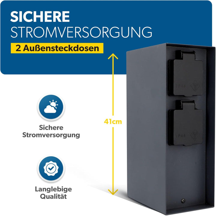 UNITEC Steckdosenverteiler für den Garten, Steckdosensäule mit Zeitschaltuhr, Aussensteckdose, Edels