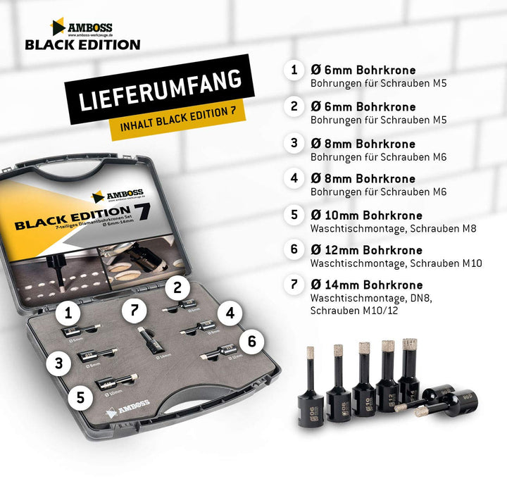 Amboss - Diamant Fliesenbohrer-/Bohrkronen - Set 7 tlg. (Ø 8-14 mm) Premium Black Edition | M14 für
