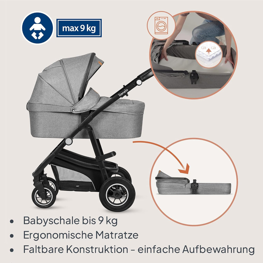 LIONELO BIANKA Kinderwagen 3 in 1 bis 22 kg Babywanne Autositz Zusammenlegbar, Reise-System, Einstel