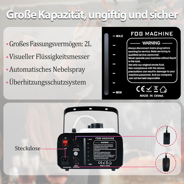 Nebelmaschine 1500 Watt Fernsteuerung Räuchermaschine 16000 CFM Fog Professionelle Fogger für DJ Büh