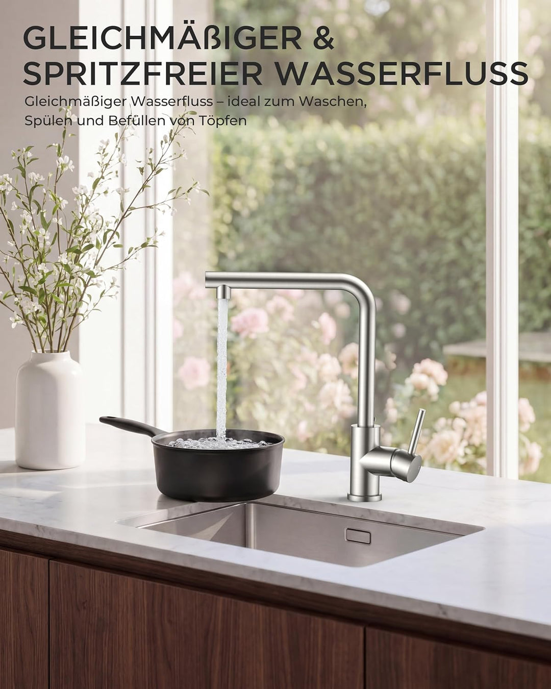 FORIOUS Wasserhahn Küche, Küchenarmatur mit erhöhtem Auslauf, L-Förmige Edelstahl Spülenarmatur, Ein