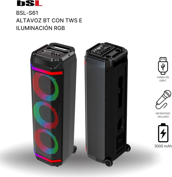 Bluetooth-Lautsprecher BSL-S61 mit Beleuchtung an den Lautsprechern | 3 Lautsprecher mit 8 Zoll | 50