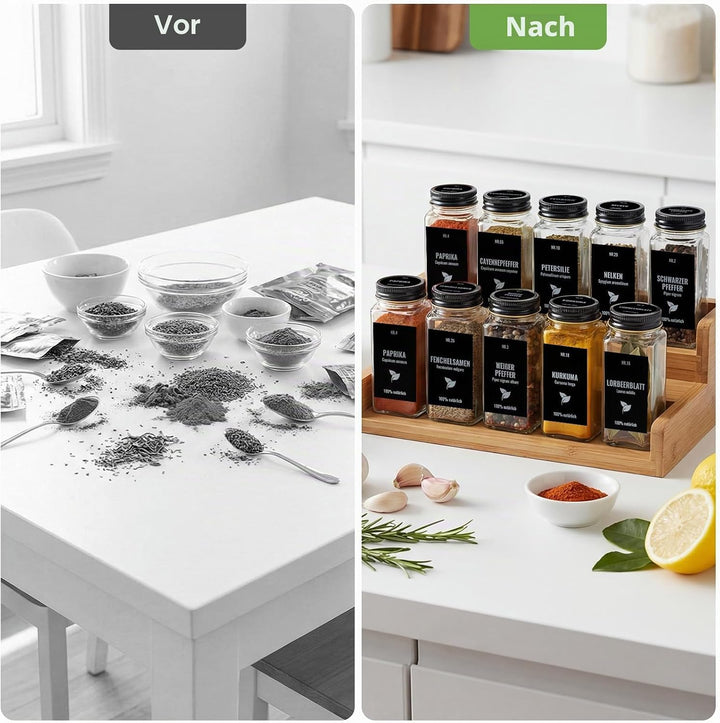 Gewürzgläser Eckig Set 24er, Gewürzdosen Glas 120ml, Gewürzstreuer Mit Schwarz Deckel, Gewürz Organi