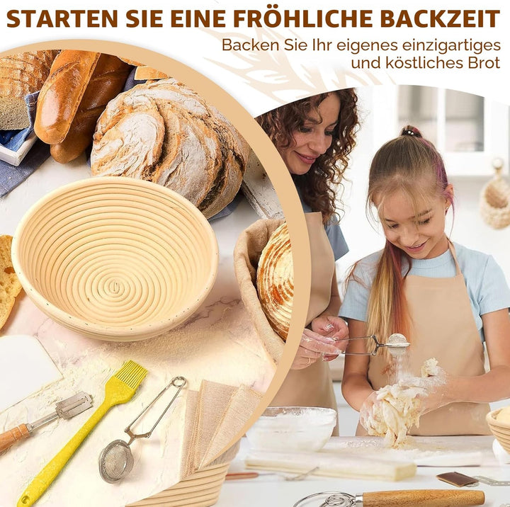 11-teilig Gärkorb Brot Set, Sauerteig Starter Set, Gärkörbchen Rund 25cm, Brot Backen Zubehör, 730ml