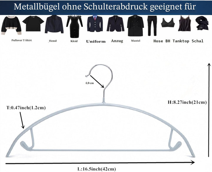 Kleiderbügel aus Metall, 10 Stück, 42 cm, Silber, mit Anti-Rutsch-Gummierung & integriertem Hosenbüg