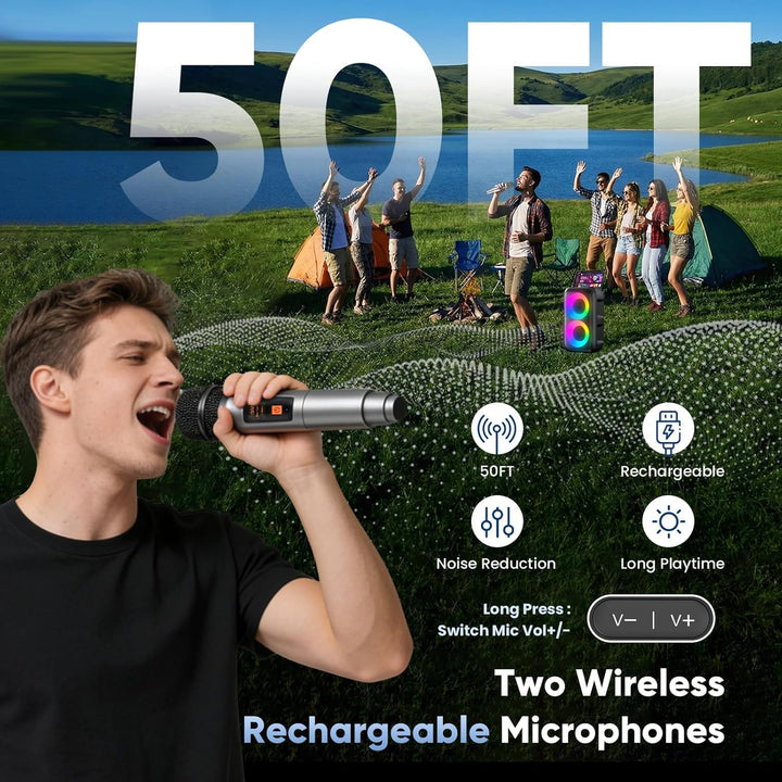 Karaoke Maschine (2025 Neueste Generation) | Karaoke Anlage mit 2 Mikrofone Bluetooth Lautsprecher |