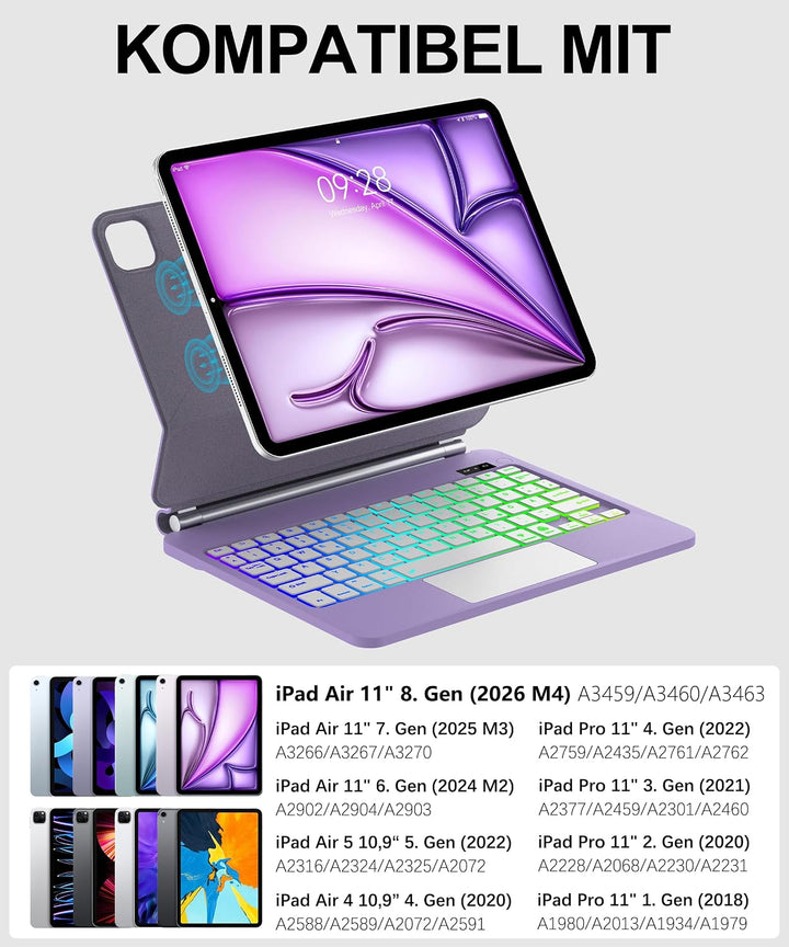 JADEMALL Magic Keyboard für iPad Air 11“ (M3 2025/M2 2024) – Mit 7-Farben RGB Beleuchtung, Präzision