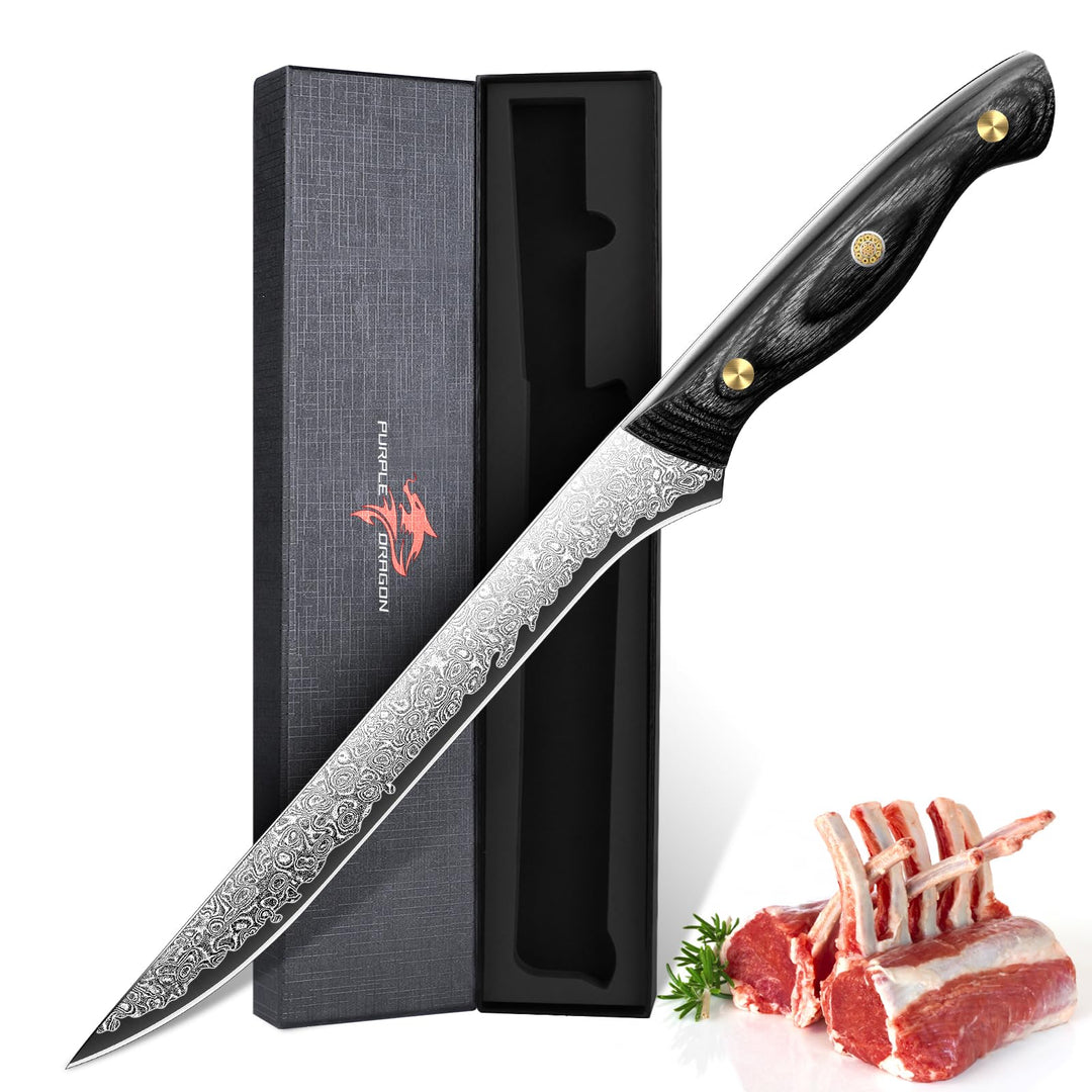 Purple Dragon Damast Ausbeinmesser 20cm - Messer zum Entfetten von Brisket - Metzgerkernmesser mit V