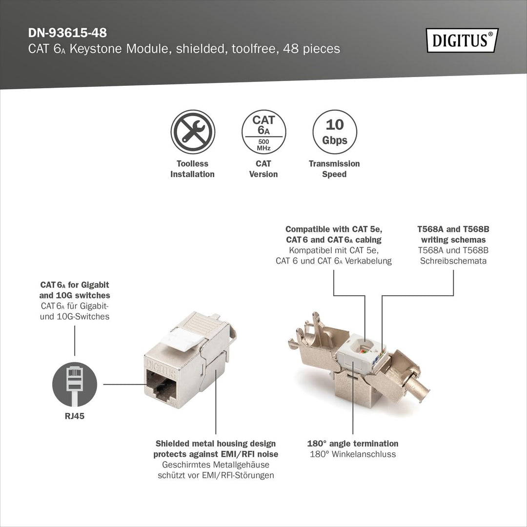 DIGITUS Keystone-Modul Cat-6A Geschirmt - 48 Stück - RJ45-Buchse - 500 MHz 10GBase-T - AWG 26-22 - W