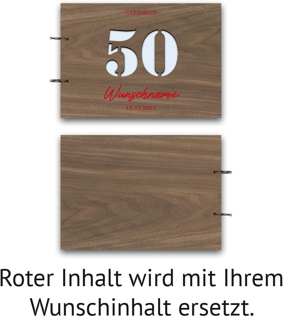 Individuelles Gästebuch zum 50. Geburtstag – Echtes Holz mit Persönlicher Gravur, Zahl ausgestanzt –