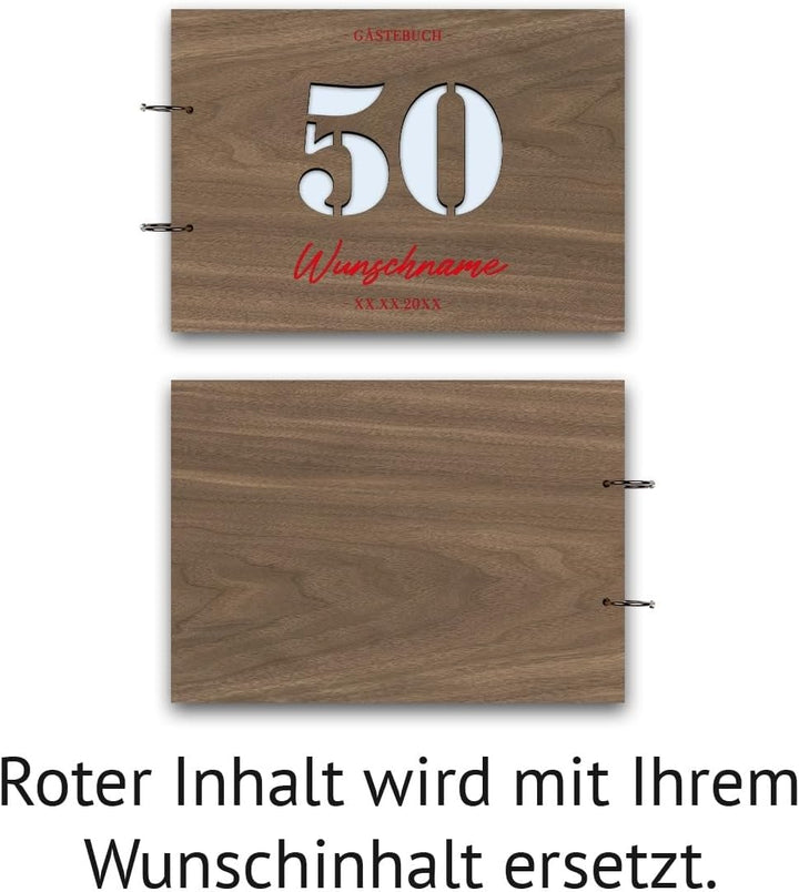 Individuelles Gästebuch zum 50. Geburtstag – Echtes Holz mit Persönlicher Gravur, Zahl ausgestanzt –