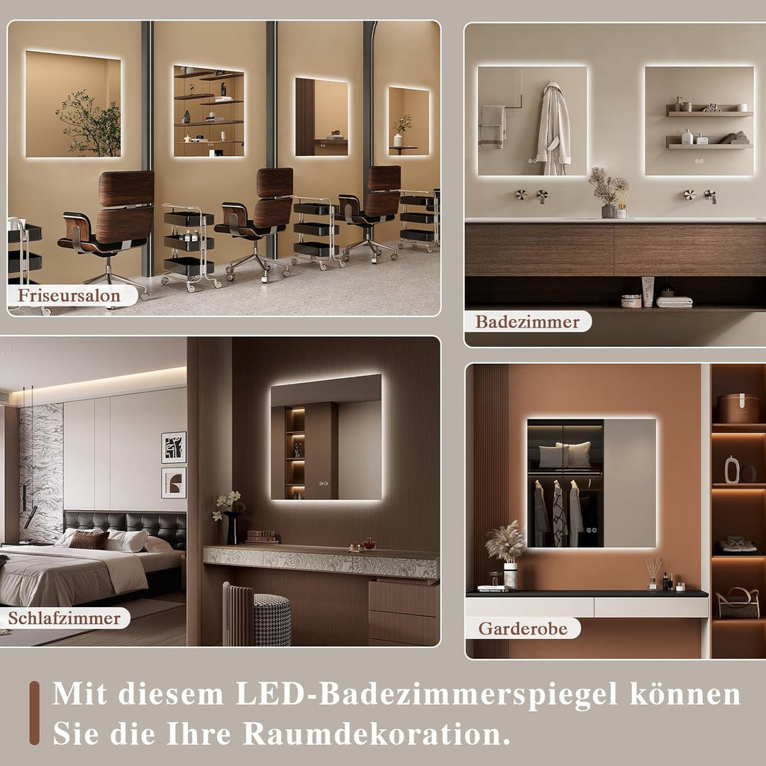 Badspiegel-mit-Beleuchtung 50x50cm - LED Badezimmerspiegel Badezimmer Spiegel mit Beleuchtung, Touch