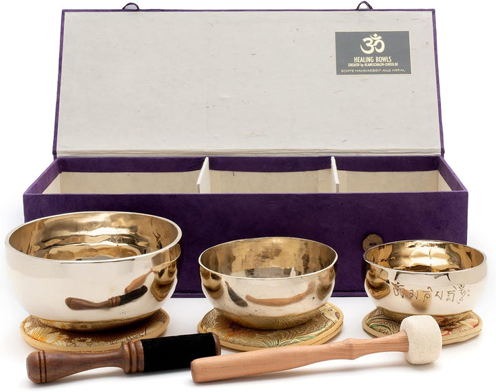 Healing-Box mit 3 besonderen, fein gravierten Klangschalen in Hochglanz-Optik für Meditation u. Klan