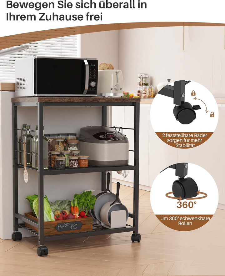 Metall Küchenregal mit Arbeitsplatte, 3 Ebenen Servierwagen mit Rollen für Mini-Backofen, Mikrowelle