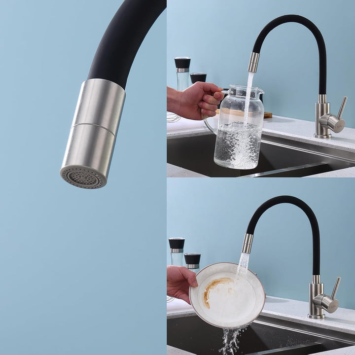Flexibler Wasserhahn Küche Schwarz, Hochdruck Küchenamatur mit 2 Strahlarten, Armatur Küche 360° Dre